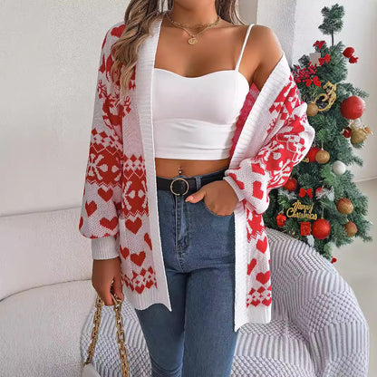 Feestelijke Oversized Kerst Cardigan met Hertmotief – Comfortabele Gebreide Trui voor Vrouwen