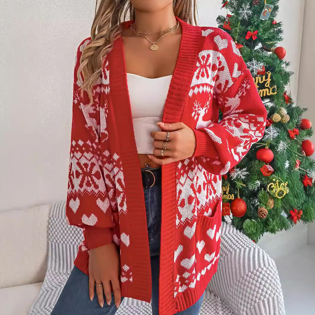 Feestelijke Oversized Kerst Cardigan met Hertmotief – Comfortabele Gebreide Trui voor Vrouwen