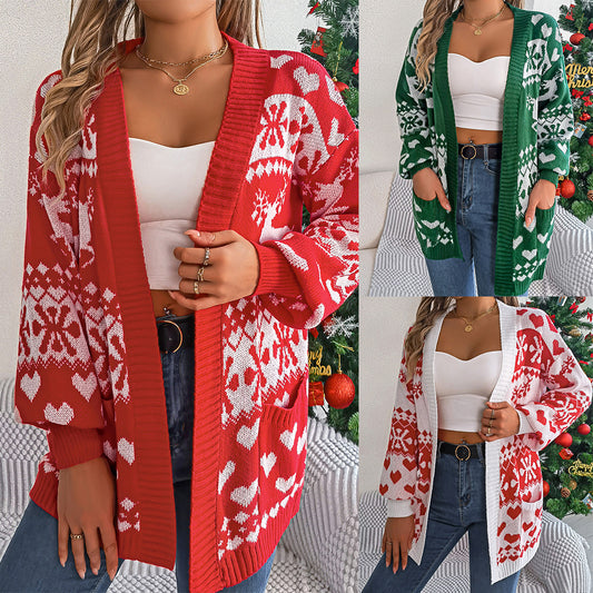 Feestelijke Oversized Kerst Cardigan met Hertmotief – Comfortabele Gebreide Trui voor Vrouwen